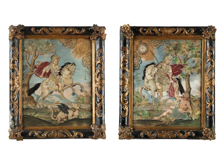 Paar museale seltene und großformatige Spickelbilder mit Heiligendarstellungen